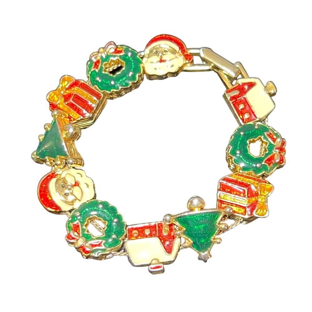 Vintage 90s Christmas Slide Charm Bracelet Gold Tone Enamel Santa Wreath 7 Inch